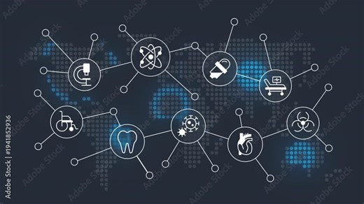 Global healthcare system animated banner with line icons. International medicine development. Communication. Outline symbols on dynamic background. HD video for website header and presentation