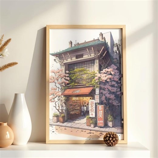Cherry Blossom Japanese Store Wall Art | Traditional Kyoto Shop Print | Anime Style Spring Decor - Etsy