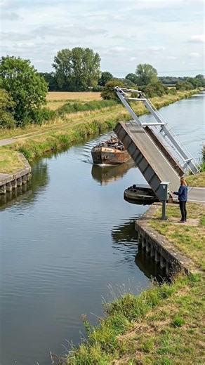 Cargo Boat Smoothly Crossing Open Canal Bridge | Realistic Waterway Scene