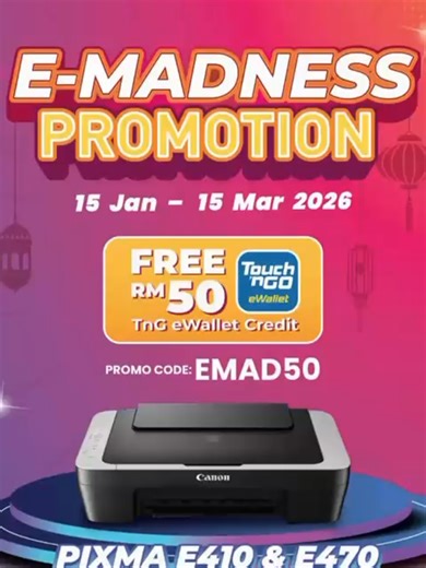 🔥 PROMOSI CANON E-MADNESS PALING BERBALOI! 🔥 Nak printer baru? Sekarang masa terbaik 👇 🖨️ Canon PIXMA E410 & E470 🗓️ 15 Jan – 15 Mac 2026 🎁 FREE RM50 Touch ’n Go eWallet Credit 📌 Guna kod promo: EMAD50 ✔️ Print | Scan | Copy ✔️ Jimat dakwat & mudah digunakan ✔️ Sesuai untuk rumah, pelajar & pejabat kecil 📦 Stok terhad — jangan lepaskan peluang! 📞 Hubungi kami: 09-853 0233 📱 WhatsApp: 012-917 6284 ⏰ Sabtu – Khamis (9.30am – 6.30pm) 📍 Sebaris dengan LHDN Kemaman #CanonEMadness #CanonPIX