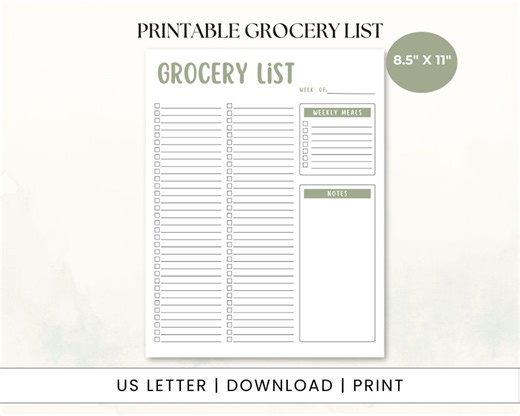 Grocery List, Printable Grocery List, Simple Grocery List, Grocery List With Sections, Food List Printable, Printable Shopping List, - Etsy