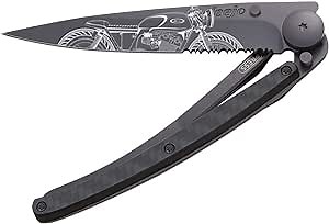 deejo - Serrated 37G, Carbon Fiber, Titanium, Black, Café Racer - Ultra-Light Pocket Folding Knife with a Belt Clip - Stainless Steel Z40C13