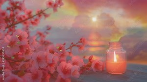 spring landscape in the sea. fresh foliage, grass and pink flowers, nature comes to life. spring background Stock Video