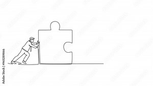 Self drawing animation of single line draw two connected businessmen push puzzle pieces to unite it. Start business collaboration symbol. Teamwork concept. Continuous line draw. Full length animated