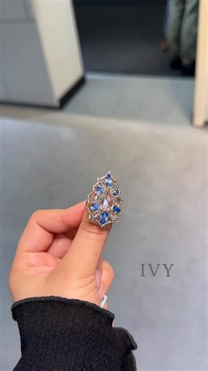 Cobalt Blue Spinel and Diamond Ring A rare creation featuring Cobalt Blue Spinels (3.21 cts / 6 pcs) from Luc Yen, Vietnam — the world’s most exclusive source of this mesmerizing neon-blue gem. Each Spinel of unique shape gracefully surrounds a central pear-shaped Rose-cut Diamond (2.22 cts), enhanced by additional Rose-cut Diamonds (1.35 cts / 6 pcs) and single-cut Diamonds (0.76 ct / 108 pcs). Crafted in 18k gold, this ring radiates refined lightness through its lace-like design. An exceptiona