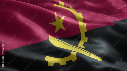 National flag of Angola waving in a seamless loop with yellow machete cogwheel and star