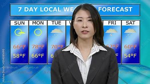 Asian American female weather reporter reporting from studio with background chart, original design elements