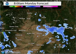 Here is one forecast model's depiction of how snow may evolve over the day, showing it generally dissipating from the north in the afternoon and focusing further south and west and decreasing. | US National Weather Service Spokane Washington | Facebook