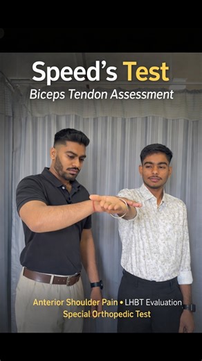 Devi Physiotherapy || Dr Jignesh Rajput (PT) || Ahemdabad 🌟 on Instagram: "Speed’s Test – Biceps Tendon Assessment 💪 Speed’s Test ek special orthopedic test hai jo Long Head of Biceps Tendon (LHBT) ki injury, tendinitis ya tendinopathy ko check karne ke liye use hota hai. Is test me patient ka shoulder 90° flexion, elbow straight aur palm up (supinated) position me hota hai. Therapist downward resistance deta hai aur patient arm ko upar lift karta hai. 👉 Agar front shoulder (anterior shoulder