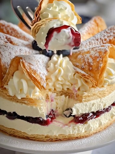 Puff Pastry Berry Cream Cake Flaky puff pastry layered with silky cream and a sweet-tart berry filling. Yield: 8–10 slices | Temp: Bake pastry at 400°F (200°C) | Time: 1 hour (including chilling & assembly) Key Ingredients First: Puff pastry sheets Heavy cream Mixed berry jam (or cherry filling) ................................. Full Recipe in First Cօʍʍеոτ 👇 | TableWhisper By Harper