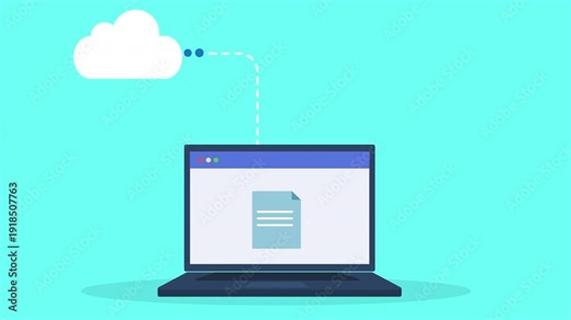 Flat vector animation showing cloud file transfer to laptop with document icon, network connection, and digital data synchronization concept.