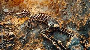 Unearthing a dinosaur skeleton in an excavation site, showcasing fossilized bones against the earth. Concept Excavation Adventure, Fossil Discovery, Paleontology Exploration, Dinosaur Skeleton Dig