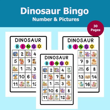 Dinosaur Number Bingo with Pictures 30 Unique 5x5 Cards | Pre-K–1 Math Game