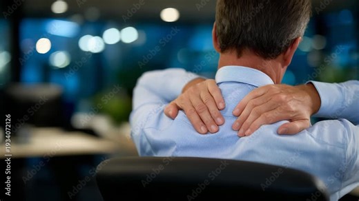 378Close-up of hands pressing back of faceless employee, showing office syndrome symptoms, long-term sitting discomfort, workplace health visualization, defocused corporate office beh
