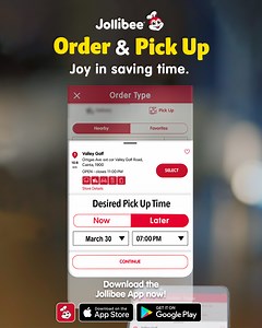 7.5K views · 3.9K reactions | You can now save time when you Take Out your Jollibee favorites! Introducing the All-new Order & Pick Up feature in the Jollibee App! A more convenient way of Taking Out! Download the App now and experience the #JoyinSavingTime! Available on App Store or Google Play: bit.ly/JollibeePHApp | Jollibee | Facebook