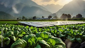 hydroponic plants in the field with mountains in the background. seamless looping 4K video