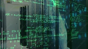 Code appearing on racks scrolling functions and camera panning visualizing network processes Stock Video