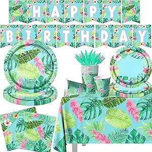 142Pcs Hawaiian Birthday Party Plates and Napkins Tropical Luau Party Decorations Palm Leaves Tableware for Summer Beach Birthday Hawaiian Luau Party Supplies