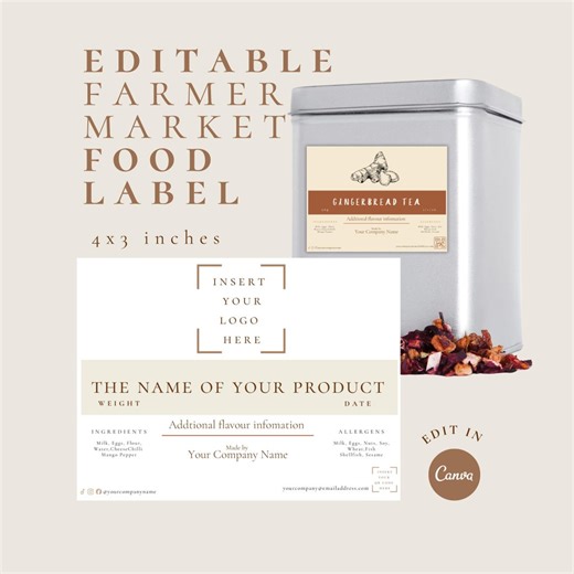 Editable Farmers Market Label Template, Bakery Jam Jar Food Packaging (4x3 Inch) - Etsy