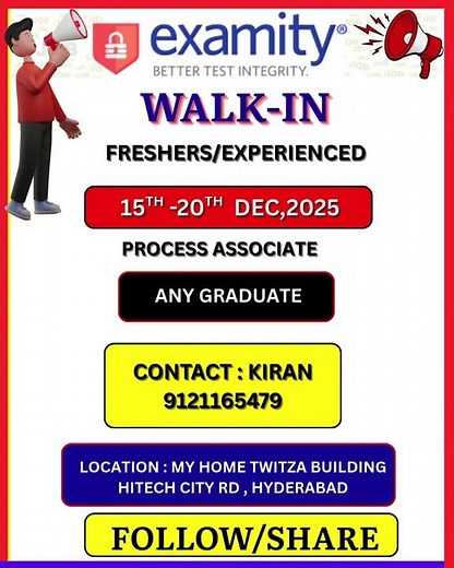 COMPANY : EXAMITY - process associate JOBS in HYDERABAD / Hurry Up | Vacancies 5