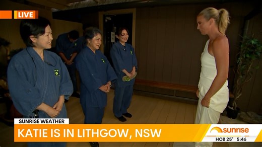 Katie Brown gives us the weather from a traditional Japanese bathhouse located just outside Lithgow in New South Wales. The facility offers an authentic Japanese bathing experience including traditional cleansing rituals and relaxation amenities. | Sunrise