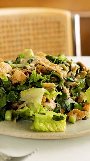 NYT Cooking on Instagram: "Here’s how to make @ericjoonho’s Crispy Wonton Chicken Salad: For the Dressing • 3 tablespoons rice vinegar • 3 tablespoons toasted sesame oil • 2 tablespoons peach or apricot preserves • 2 tablespoons mayonnaise • 1 tablespoon soy sauce • 1 teaspoon chili powder • ½ teaspoon onion powder • Salt For the Salad • 8 ounces cooked chicken meat, torn into bite-size pieces (2 cups) • 8 wonton wrappers (see Tip) • Vegetable oil, for frying • Salt • 2 romaine hearts, coarsely 