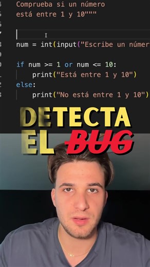 🚦 ¿Está entre 1 y 10? Este if engaña 😬 #Python Las condiciones lógicas son una fuente constante de bugs. En este reto de Detectalbook analizamos una comprobación aparentemente simple que puede fallar si no entiendes bien los operadores. Ideal para afianzar el uso de if, and y comparaciones en Python. #python #detectalbook #condiciones #if #logica #debug #aprendiendo