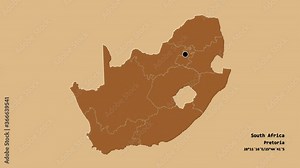 Free State, province of South Africa, with its capital, localized, outlined and zoomed with informative overlays on a solid patterned map in the Stereographic projection. Animation 3D