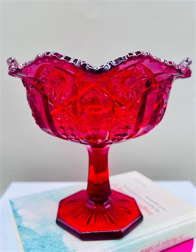 Vintage L.E. Smith Ruby Red Quintec Compote Dish | Retro Pedestal Candy Bowl - Etsy