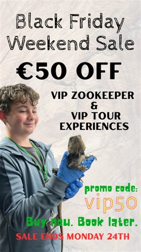 Choose a gift that will be remembered for a lifetime! Join one of our keepers for 4 hours of adventure and discovery with a VIP Keeper Experience, or VIP Tour Experience for groups up to 5 people. Get to know our animals and see what it's like to be a zookeeper at The National Reptile Zoo for a day. Treat someone else or treat yourself! Promo code: vip50 Offer ends Monday #blackfriday | The National Reptile Zoo