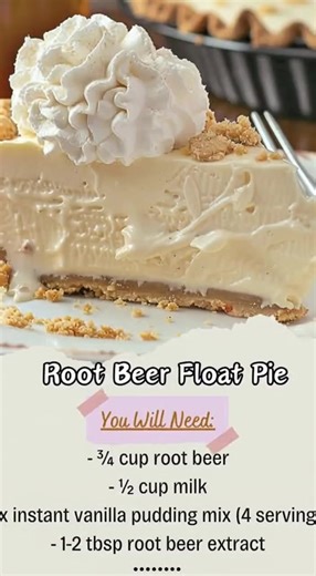 🥧 Root Beer Float Pie (Quick No-Bake Recipe) Ingredients ¾ cup root beer ½ cup milk 1 box instant vanilla pudding mix (4-serving size) 1–2 tbsp root beer extract (to taste) 1 tub Cool Whip (8 oz), thawed 1 graham cracker crust (9-inch) Instructions Whisk pudding mix with root beer and milk until thick (about 2 minutes). Stir in root beer extract. Gently fold in Cool Whip. Pour filling into graham cracker crust. Freeze 4 hours (or refrigerate overnight for a softer pie). Slice and serve with ext