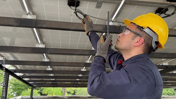 Technical engineer Inspecting the installation of the solar panels and checking the integrity of all wires connected to the solar panels. for the system to work properly
