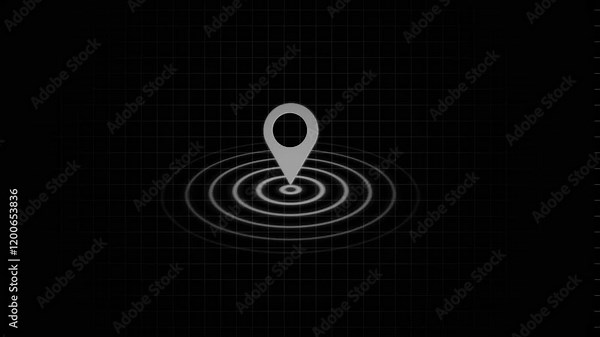 Map pin icon, gps pointer. white glow location route gps position GPS location pointer animated with radio wave, location map pointer with pin icon and location animation with grid background
