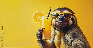A hyper-realistic, high dynamic range video featuring a yellow sloth wearing sunglasses, holding a glass of orange juice, and smiling. The scene is filled with rich colors and lifelike details.