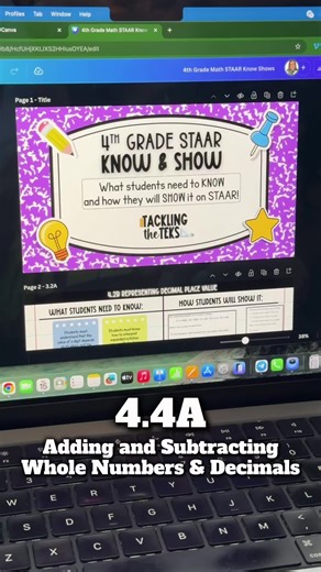 4th Grade STAAR Know/Show: 4.4A Adding and Subtracting Whole Numbers and Decimals Know: Add and Subtract Whole Numbers and Decimals. Understand the context - adding or subtracting? Also, subtracting across zeros! Show: Use strategies by aligning the place values and decimals. Subtracting across zeros can use a constant difference strategy so we aren’t having to regroup across all of those zeros. #mathteachertribe #texasteachers #mathteachersoftiktok #mathhelp #STAAR