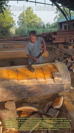 Skilled Axe Work Large Wood Shaping for Building: Woodcraft: Manual Log Processing