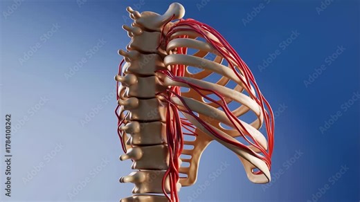 Detailed 3D Model of Human Rib Cage and Spine with Arteries and Nerves.