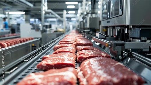 Fresh cuts of beef moving along a conveyor belt in a meat processing plant