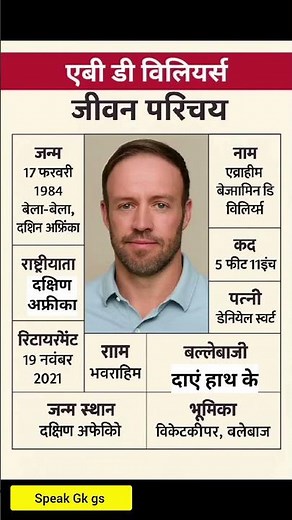 क्रिकेटर एबी डी विलियर्स का जीवन परिचय❗ biography of AB de Villiers#ytshorts #gk #cricket