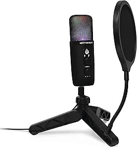 Emerson EAM-9052 USB Gaming & Streaming Condenser Microphone with LED Lighting, Pop Filter, Cardioid Pickup Pattern, and Plug-and-Play Setup – Ideal for Gamers, Streamers, and Content Creators