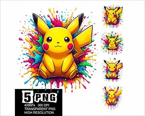 Pikachu Watercolor Splash PNG: Cartoon Digital Designs (300 DPI) - Etsy