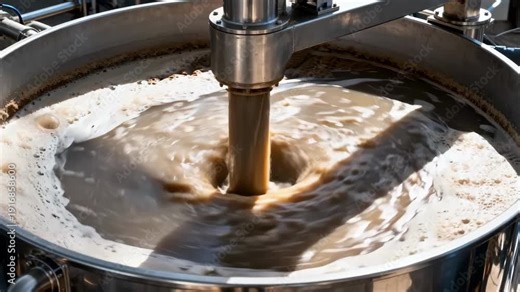 Medium shot capturing turbid juice entering a clarifier showing the swirling motion and initial separation of suspended solids in a dynamic industrial process.