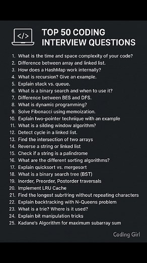 93K views · 224 reactions | Top Coding Interview Questions ⁉️ (Part 1) Coding Girl #htmltags #html #learnhtml #cssproject #reels #computerscience #css #coders #fullstack #learncode #reactjs #reels #programmerslife #100daysofcode #csstricks #100daysofcodechallenge #frontenddev #htmlcoding #htmltutorial #html5website #html_css | Coding Girl | Facebook