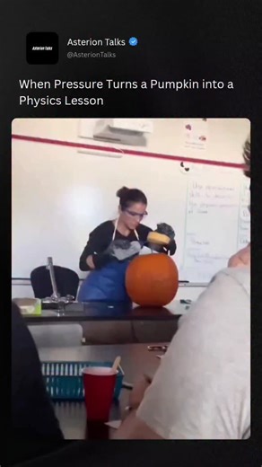Asterion Talks on Instagram: "This classroom demonstration uses a pumpkin as a pressure vessel to visually explain gas laws and energy transfer. When a chemical reaction or phase change inside the pumpkin rapidly generates gas, the number of gas molecules increases while the rigid shell limits volume expansion. According to Boyle’s Law and the Ideal Gas Law, this causes internal pressure to rise sharply. As temperature increases or gas production accelerates, molecular collisions with the pumpki