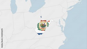 US State West Virginia map highlighted in West Virginia flag colors and pin of country capital Charleston.