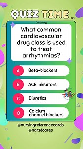 What common cardiovascular drug class is used to treat arrhythmias? * * * * * * * * #nurses #doctors #nursing #medical #nurseexam #NCLEX #nclexreview #nclexrn #registerednurse #medicaldoctor #medicine #studentlife #exam #exampreparation #nclexprep #nursingstudent #medicalstudent #RN #NMC #NGN #PNLE #NLE #USRN #RN #rnlife #nursinglife #fbreels #fypシ゚ @highlight @followers @everyone | Nursing Reference Cards