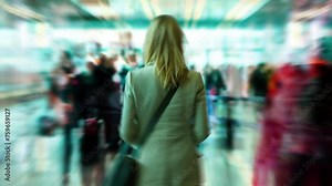 City Alienation. Woman standing still in a crowd of walking, distorted people.