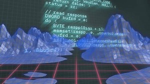 Animation of computer language over 3d model of mountains on grid pattern against black background. Digitally generated, hologram, landscape, coding, illustration, machine learning and technology.