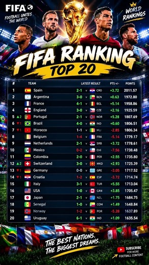 The latest FIFA World Rankings Top 20 are here! 🌍🔥