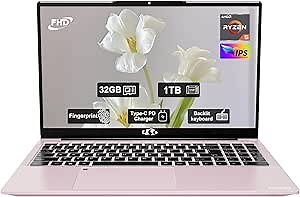 NIMO 15.6" IPS FHD-Laptop, 32GB RAM 1TB SSD AMD Ryzen 5(Beat i3 1215U 4 Cores Up to 3.7GHz) Business Laptops, Computer with Backlit Keyboard Fingerprint Laptop for Student and Home Rose Gold